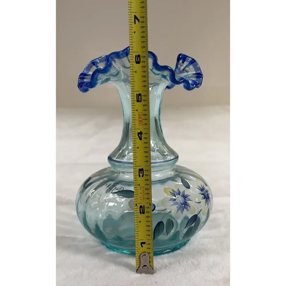 Fenton Vase Cobalt and Aqua Tranquility Hand Painted By DK Brightbill 6.25